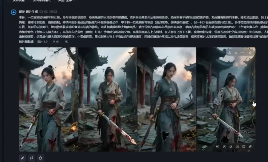 用AI生成战损风女侠视频，3分钟1条，单日收益1k+-AI创作学习-提示词应用-短视频玩法野草AI资源学习网