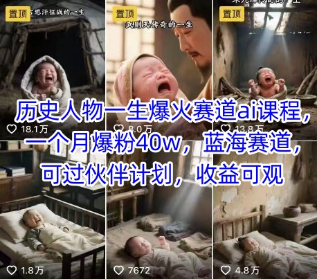 历史人物一生，爆火赛道，AI详细教学课程，一个月爆粉40w-AI创作学习-提示词应用-短视频玩法野草AI资源学习网
