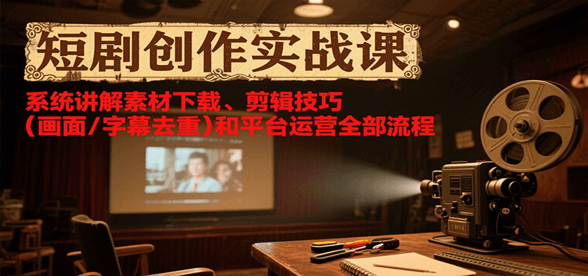 短剧创作实战课，系统讲解素材下载、剪辑技巧（画面/字幕去重）和平台运营全部流程-AI创作学习-提示词应用-短视频玩法野草AI资源学习网