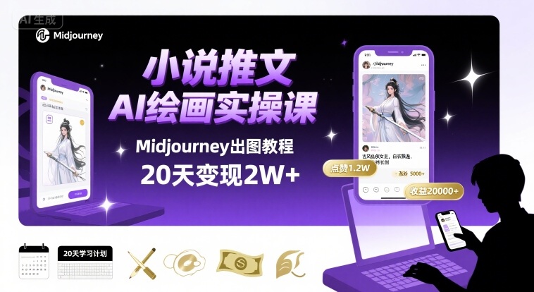 小说推文：干货分享之【AI绘画MJ出图】实操课，用Midjourney做小说推文，20天挣2w（2个半小时直播教学）-AI创作学习-提示词应用-短视频玩法野草AI资源学习网