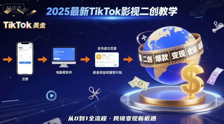 TikTok影视二创教学，从注册到发布撸美金全流程，跨境变现新机遇-AI创作学习-提示词应用-短视频玩法野草AI资源学习网