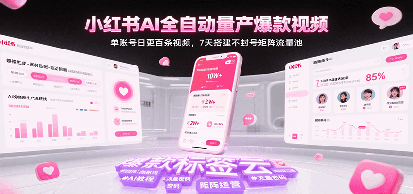 超哥：小红书AI全自动量产爆款视频，单账号日更百条视频，7天搭建不封号矩阵流量池（更新…）-AI创作学习-提示词应用-短视频玩法野草AI资源学习网