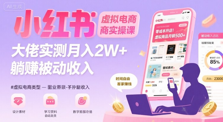 小红书虚拟电商创富课：零成本开店/爆款笔记/自动发货,30天打造被动收入-AI创作学习-提示词应用-短视频玩法野草AI资源学习网