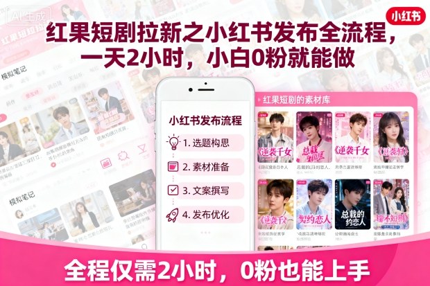 红果短剧拉新：小红书发布全流程，一天2小时，小白0粉就能做-AI创作学习-提示词应用-短视频玩法野草AI资源学习网