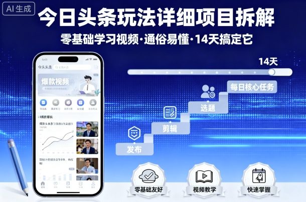 今日头条玩法详细项目拆解，零基础学习视频 通俗易懂 14天搞定它-AI创作学习-提示词应用-短视频玩法野草AI资源学习网