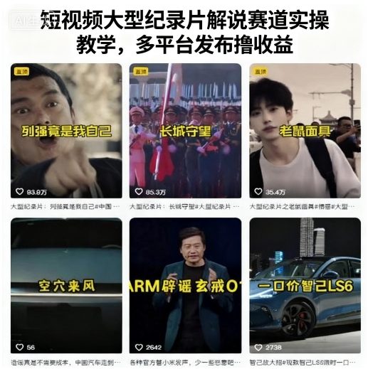 短视频大型纪录片解说赛道：实操教学，多平台发布撸收益，适用多个平台。-AI创作学习-提示词应用-短视频玩法野草AI资源学习网