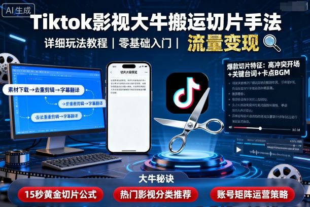 Tiktok影视大牛搬运切片手法，详细玩法直播教程-AI创作学习-提示词应用-短视频玩法野草AI资源学习网