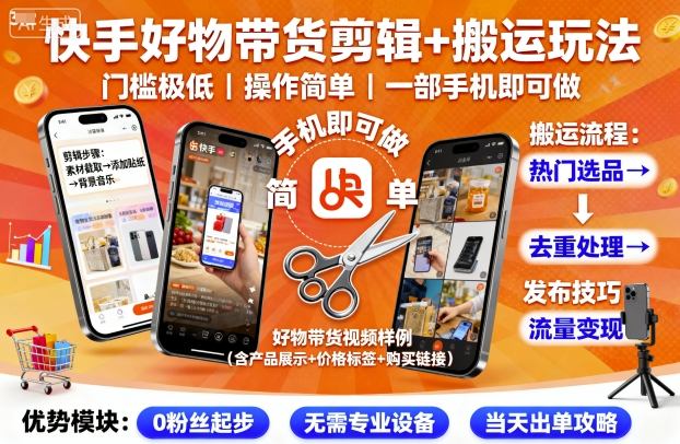 快手好物带货剪辑+搬运玩法，门槛极低，操作简单，一部手机即可玩做-AI创作学习-提示词应用-短视频玩法野草AI资源学习网