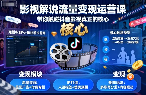 影视解说：流量变现运营课，带你触碰抖音影视真正的核心-AI创作学习-提示词应用-短视频玩法野草AI资源学习网