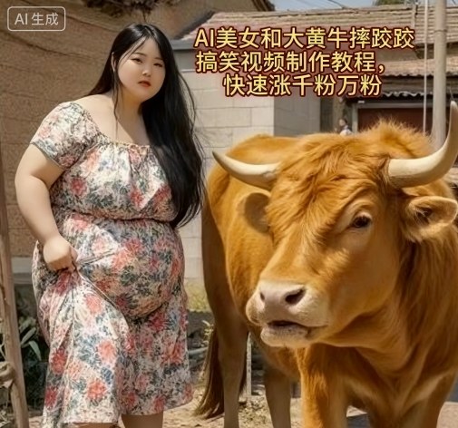 AI美女和大黄牛摔跤搞笑荒诞视频：制作教程，快速涨千粉万粉-AI创作学习-提示词应用-短视频玩法野草AI资源学习网