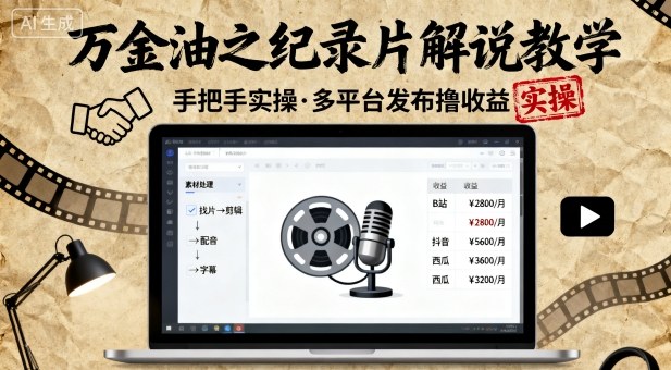 万金油之纪录片解说教学，手把手教你，完全实操，多平台发布撸收益-AI创作学习-提示词应用-短视频玩法野草AI资源学习网