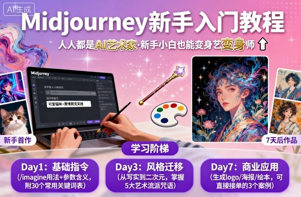 midjourney新手入门教程：人人都是AI艺术家，新手小白也能变身艺术大师-AI创作学习-提示词应用-短视频玩法野草AI资源学习网