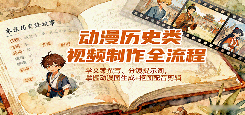 动漫历史类视频制作全流程，学文案撰写、分镜提示词，掌握动漫图生成+抠图配音剪辑-AI创作学习-提示词应用-短视频玩法野草AI资源学习网