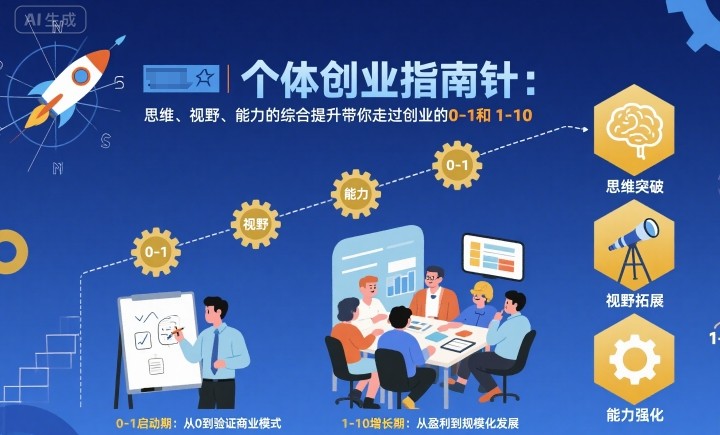 个体创业指南针，思维、视野、能力的综合提升带你走过创业的0-1和1-10【音频】-AI创作学习-提示词应用-短视频玩法野草AI资源学习网