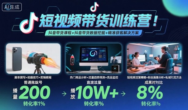 短视频带货训练营，抖音带货课程+抖音带货数据挖掘+精准获客解决方案-AI创作学习-提示词应用-短视频玩法野草AI资源学习网