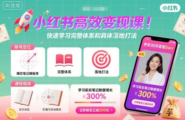 小红书高效变现课，快速学习小红书完整体系和具体落地打法-AI创作学习-提示词应用-短视频玩法野草AI资源学习网