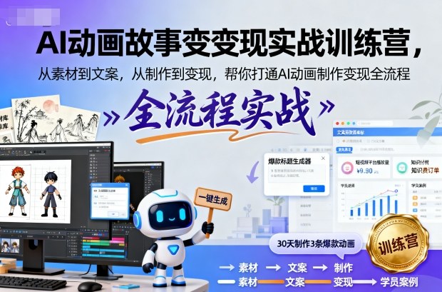 AI动画故事变现实战训练营，从素材到文案，从制作到变现-AI创作学习-提示词应用-短视频玩法野草AI资源学习网