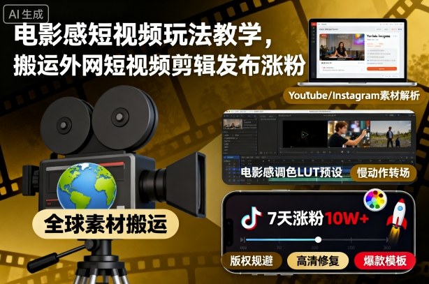 电影感短视频玩法教学，搬运外网短视频剪辑发布涨粉-AI创作学习-提示词应用-短视频玩法野草AI资源学习网