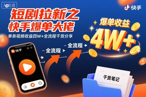 短剧拉新：快手爆单大佬单条视频收益四W+全流程干货分享-AI创作学习-提示词应用-短视频玩法野草AI资源学习网