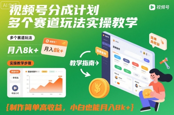 视频号分成计划：多个赛道玩法实操教学，制作简单高收益，小白也能月入8k+【落地玩法】-AI创作学习-提示词应用-短视频玩法野草AI资源学习网