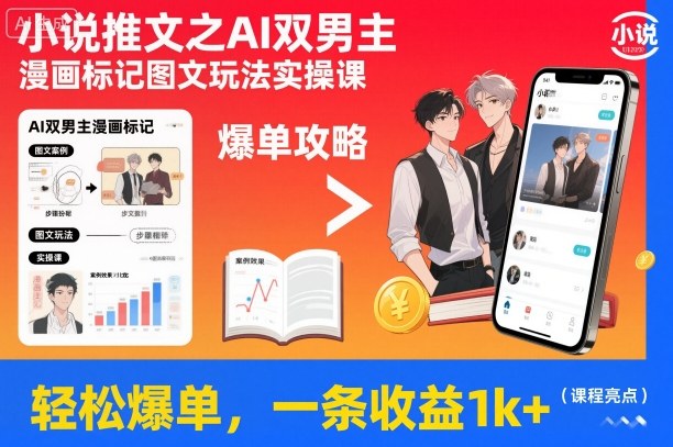 小说推文：AI双男主漫画标记，图文玩法实操课，轻松爆单，一条收益1k+-AI创作学习-提示词应用-短视频玩法野草AI资源学习网