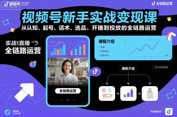 视频号新手实战变现课，从认知、起号、话术、选品、开播到投放的全链路运营-AI创作学习-提示词应用-短视频玩法野草AI资源学习网