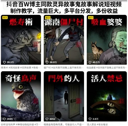 灵异故事、鬼故事解说短视频：制作教学，流量巨大，多平台分发，多份收益-AI创作学习-提示词应用-短视频玩法野草AI资源学习网