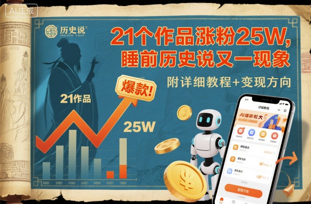 睡前历史视频：21个作品涨粉25W，附详细教程+变现方向-AI创作学习-提示词应用-短视频玩法野草AI资源学习网