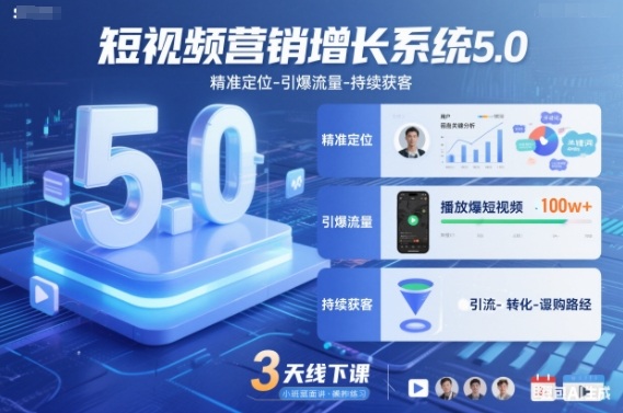 短视频营销增长系统5.0，精准定位-引爆流量-持续获客，3天线下课（音频+图片）-AI创作学习-提示词应用-短视频玩法野草AI资源学习网