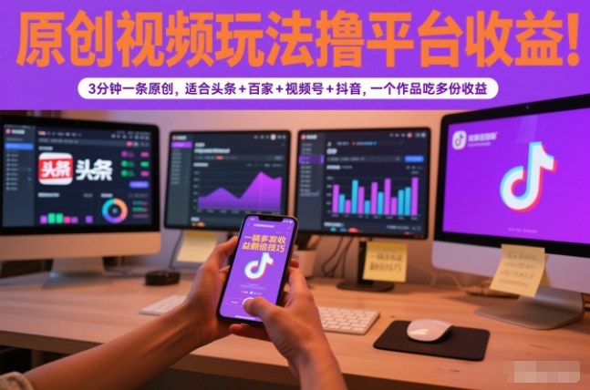 原创视频玩法/撸平台收益，3分钟一条原创，适合头条+百家+视频号+抖音，一个作品吃多份收益-AI创作学习-提示词应用-短视频玩法野草AI资源学习网