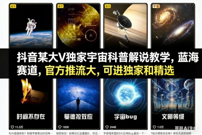 抖音某大V-独家宇宙科普解说教学，蓝海赛道，官方推流大，-AI创作学习-提示词应用-短视频玩法野草AI资源学习网