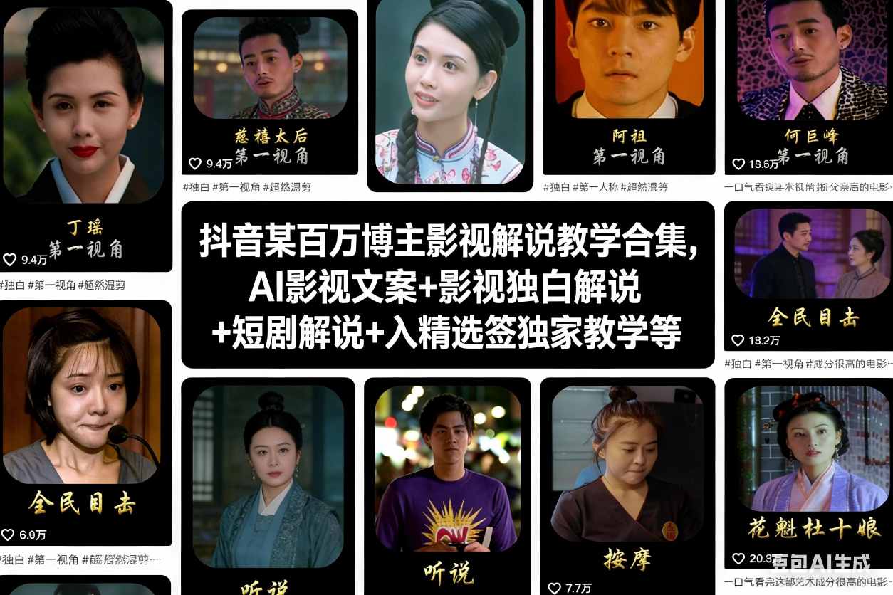 抖音某百万博主影视解说教学合集，AI影视文案+影视独白解说+短剧解说+入精选签独家教学等-AI创作学习-提示词应用-短视频玩法野草AI资源学习网