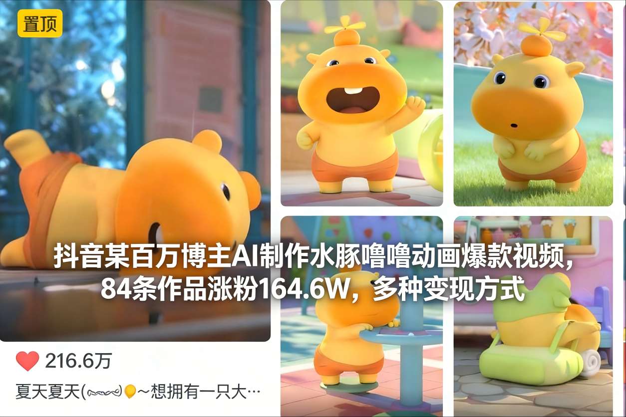 抖音某百万博主：AI制作水豚噜噜动画爆款视频，84条作品涨粉164.6W，多种变现方式-AI创作学习-提示词应用-短视频玩法野草AI资源学习网