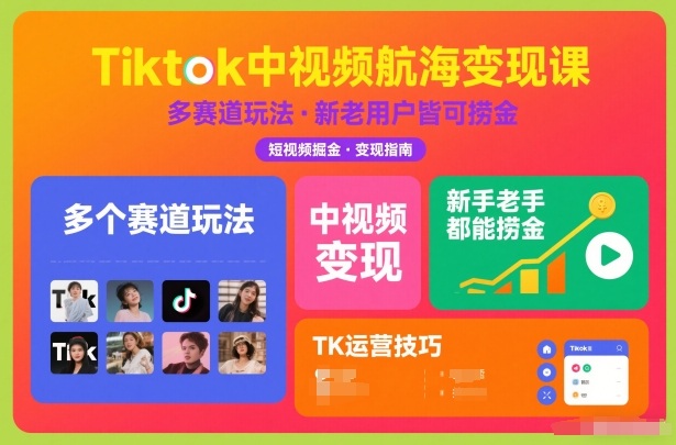 Tiktok中视频航海变现课，多个赛道玩法，在TK中视频捞金-AI创作学习-提示词应用-短视频玩法野草AI资源学习网