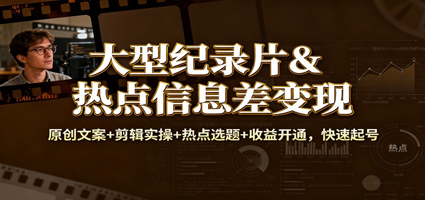 大型纪录片&热点信息差变现＋原创文案+剪辑实操+热点选题+收益开通，小白快速起号-AI创作学习-提示词应用-短视频玩法野草AI资源学习网
