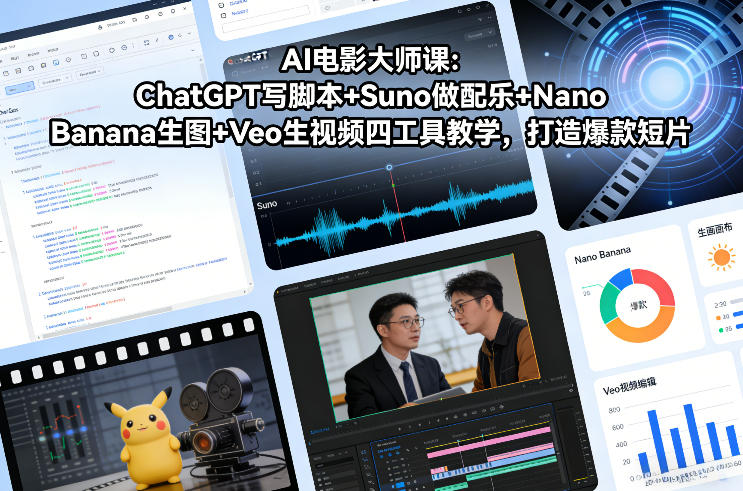 AI电影大师课：ChatGPT写脚本+Suno做配乐+Nano Banana生图+Veo生视频，打造爆款短片-AI创作学习-提示词应用-短视频玩法野草AI资源学习网