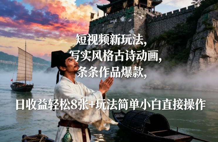 爆款短视频玩法：写实风格古诗动画，条条作品爆款，日收益轻松8张+玩法教学-AI创作学习-提示词应用-短视频玩法野草AI资源学习网