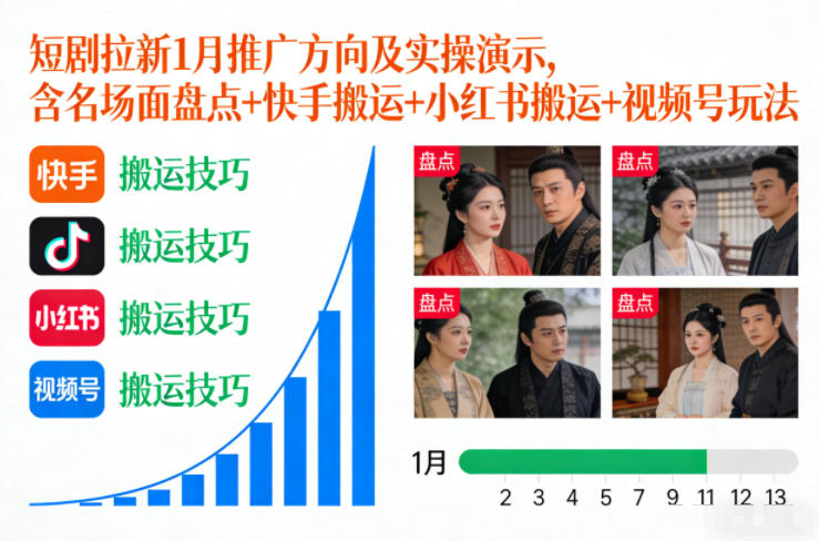 网赚：短剧拉新1月推广方向及实操演示，含名场面盘点+快手搬运+小红书搬运+视频号玩法【直播课】-AI创作学习-提示词应用-短视频玩法野草AI资源学习网