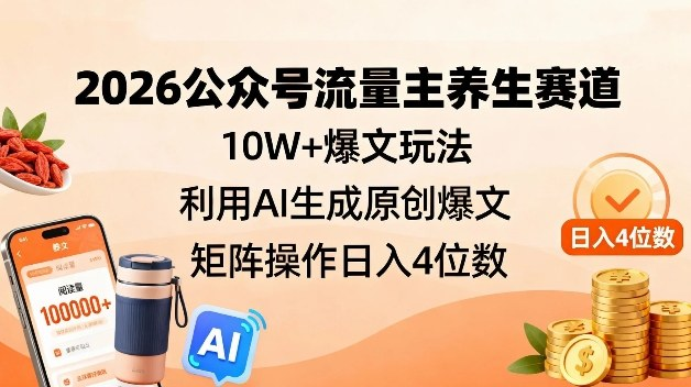 公众号流量主养生赛道，10W+爆文玩法，利用AI生成原创爆文，矩阵操作日入4位数-AI创作学习-提示词应用-短视频玩法野草AI资源学习网