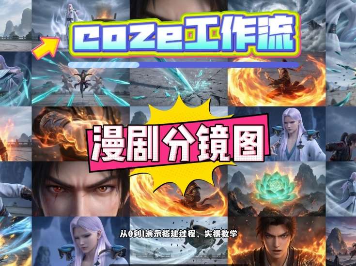 Coze工作流，制作《动漫分镜图》，两分钟制作完成25宫格分镜图，从0到1演示搭建过程，实操教学-AI创作学习-提示词应用-短视频玩法野草AI资源学习网