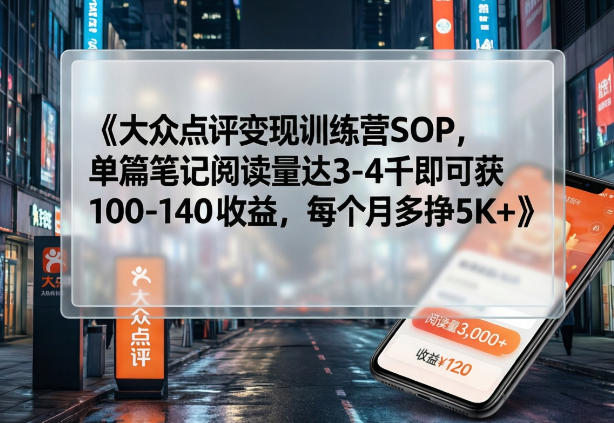 大众点评变现训练营SOP，单篇笔记阅读量达3-4千即可获100-140收益，每个月5K+-AI创作学习-提示词应用-短视频玩法野草AI资源学习网