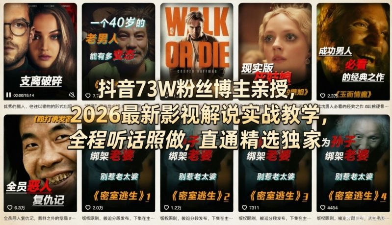 抖音73W粉丝博主亲授：2026最新【影视解说】实战教学，直通精选独家-AI创作学习-提示词应用-短视频玩法野草AI资源学习网