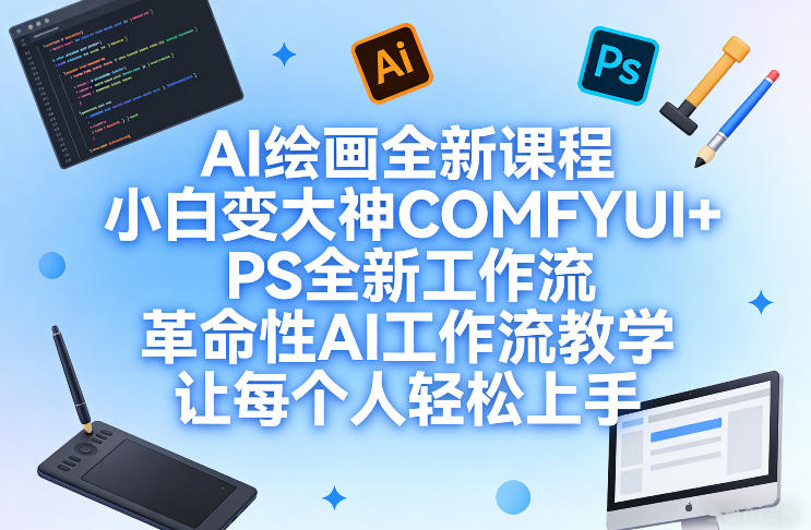 AI绘画新课程：小白变大神，COMFYUI+PS，全新工作流教学-AI创作学习-提示词应用-短视频玩法野草AI资源学习网