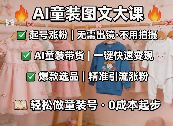 AI童装图文剪辑，某社群童装图文大课，起号涨粉、AI童装带货、爆款选品，无需出镜和拍摄-AI创作学习-提示词应用-短视频玩法野草AI资源学习网