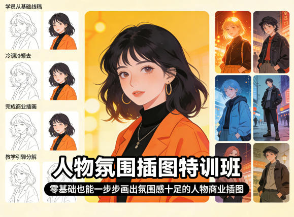 人物氛围插图特训班，零基础也能一步步画出氛围感十足的人物商业插图-AI创作学习-提示词应用-短视频玩法野草AI资源学习网