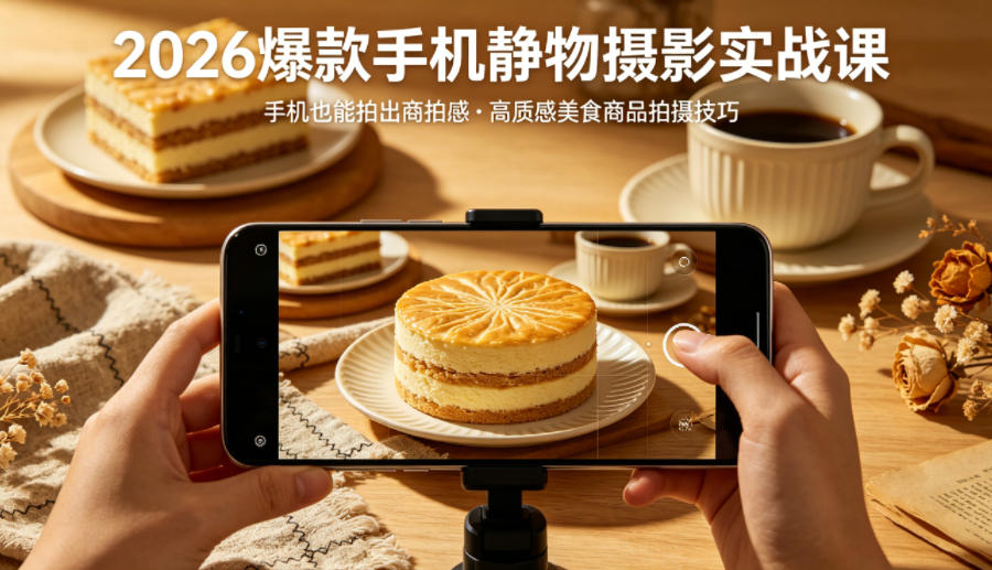 手机静物摄影实战课，手机也能拍出商拍感，学会拍出高质感美食商品-AI创作学习-提示词应用-短视频玩法野草AI资源学习网