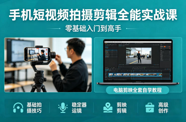 手机短视频拍摄剪辑全能实战课：零基础入门到高手，稳定器运镜+电脑剪映全套自学教程-AI创作学习-提示词应用-短视频玩法野草AI资源学习网