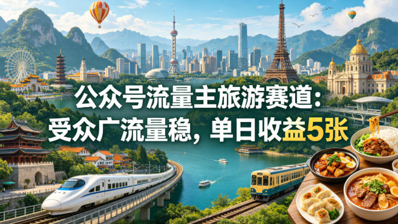 公众号流量主：【旅游】赛道，受众广+流量稳，平均单日收益5张+-AI创作学习-提示词应用-短视频玩法野草AI资源学习网