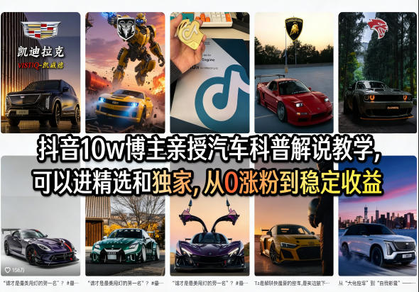 抖音10w博主：【汽车科普解说】教学，进精选和独家，从0涨粉到稳定收益（详细视频课程+1T素材）-AI创作学习-提示词应用-短视频玩法野草AI资源学习网
