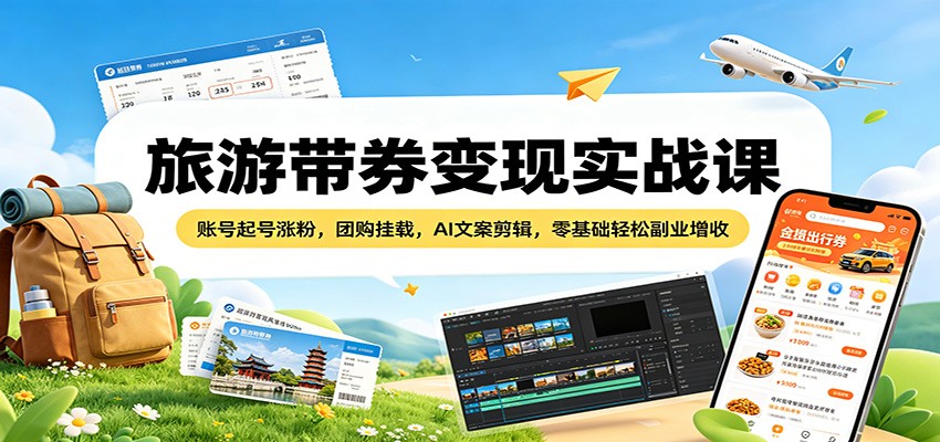旅游带券变现实战课：账号起号涨粉，团购挂载，AI文案剪辑，零基础轻松副业增收-AI创作学习-提示词应用-短视频玩法野草AI资源学习网